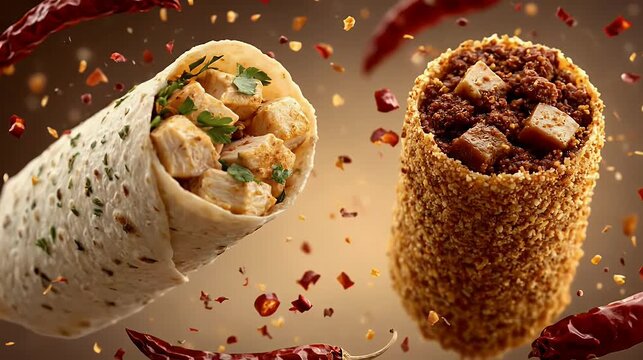 Delicious and tempting burritos with vibrant colors and textures dynamic lighting with red chili flakes floating against a warm inviting background perfect for food promotions