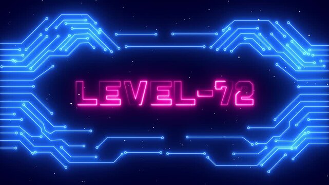 Level 72 Game Progress Interface with Glowing Neon Frame and Digital Achievement.