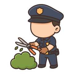 Cartoon police officer trimming bush with shears