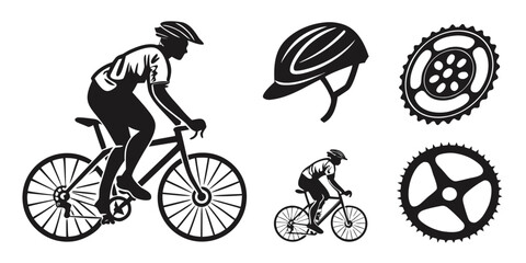 Naklejka premium Illustration of various bicycles and cycling equipment in black and white