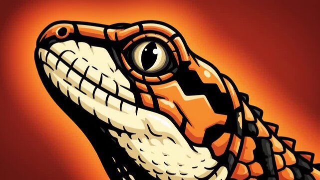 Stylized reptile head against vibrant orange background looking up