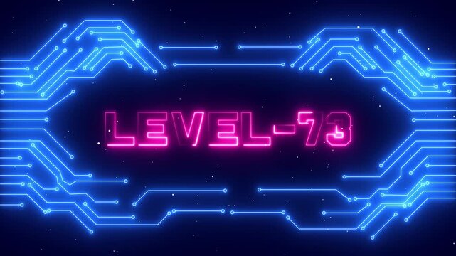 Level 73 Esports Stage Background with Cyber Neon Lighting and Gaming Success.