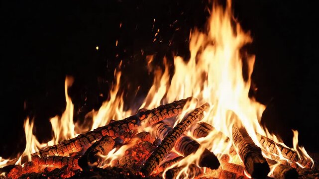 Intense and vibrant campfire flames crackling and burning brightly at night with glowing embers and sparks flying upwards in a dark forest setting.