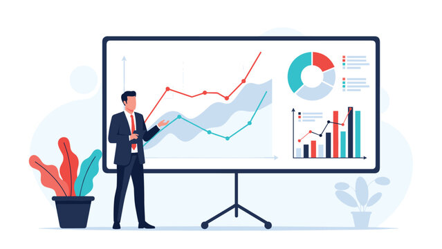 Professional businessman in a suit presenting positive growth trends and various colorful charts on a large white board.