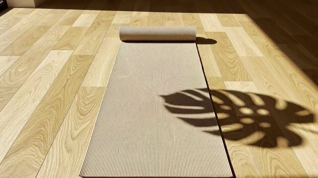 Yoga mat roll shadow leaf light on wooden floor interior minimal calm scene home exercise relaxation warm morning sunlight wellness morning exercise