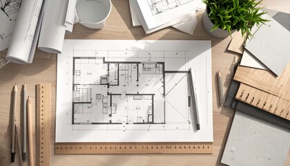 Fototapeta premium Detailed architectural blueprint on a wooden desk surrounded by design tools and materials.