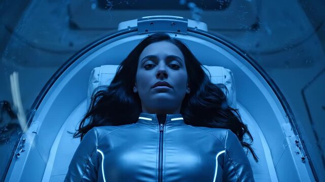 Futuristic Medical Scene. Calm Female Figure Monitored Inside Reflective Medical Capsule. Advanced Medical Environment Featuring Woman In Capsule With Blue Illumination And Hightech Panels.