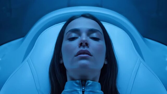 Woman Reclining In Sealed Cryosleep Capsule, Candidate Undergoing Sleep Suspension Test Inside Dome Enclosure With Blue Backlight, Tight Suit, Serene Expression, Biometric Leads Tracking Vital Signs.