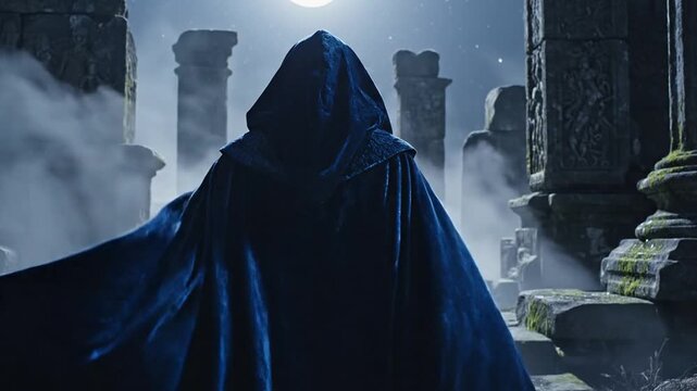 A lone deep indigo hooded cloak billows softly in a misty ruin