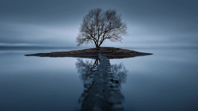 Solitary bare tree on tiny island reflecting in tranquil water. Minimalist winter landscape with moody sky.