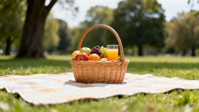 Basket of fresh fruits with juice on picnic blanket in sunny park setting
