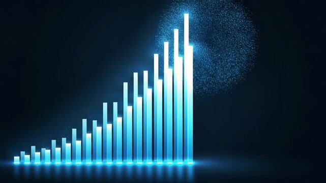 Rising digital bar chart showing financial growth and market success with glowing data points set on a dark blue background.