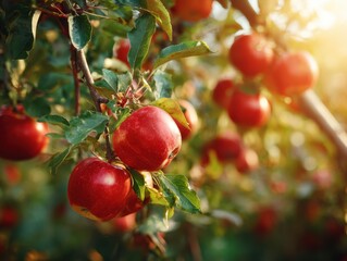 Obraz premium Close-up of Juicy Red Apples on a Tree Branch with Soft Sunlight Filtering Through Leaves orchard fruit