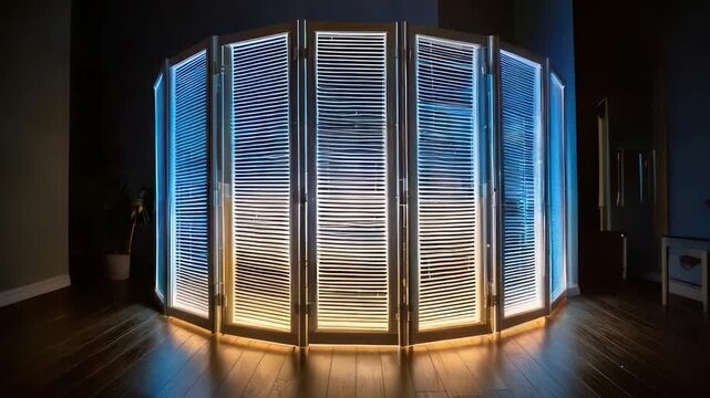 Lit, slatted divider with blue and yellow light in dark room