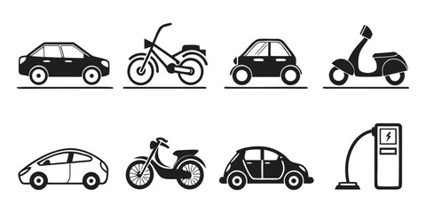 A diverse range of vehicles including cars, motorcycles, and scooters parked in a row. © Icon Set
