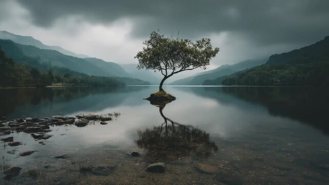 Serene nature scene with a solitary tree on a tiny island in still lake water, reflecting the dark, moody sky and distant mountains.
