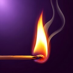A lit matchstick with a vibrant flame and smoke