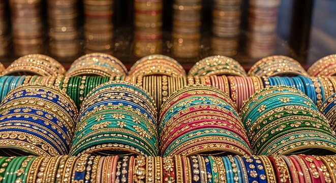 A vibrant display of traditional ornate bangles featuring sparkling embellishments and rich colors arranged neatly in a boutique