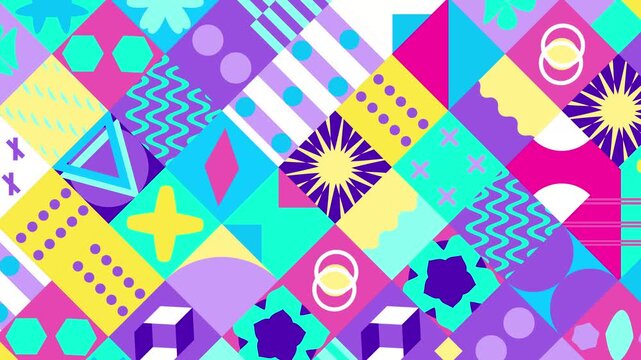 Colorful abstract geometric pattern with floral elements and shapes