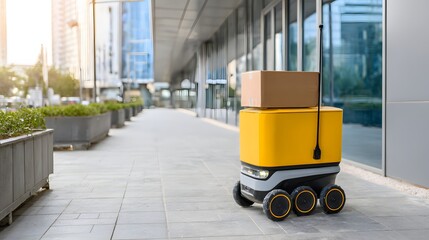 Naklejka premium Automated delivery robot carrying a parcel on a clean city sidewalk near office buildings