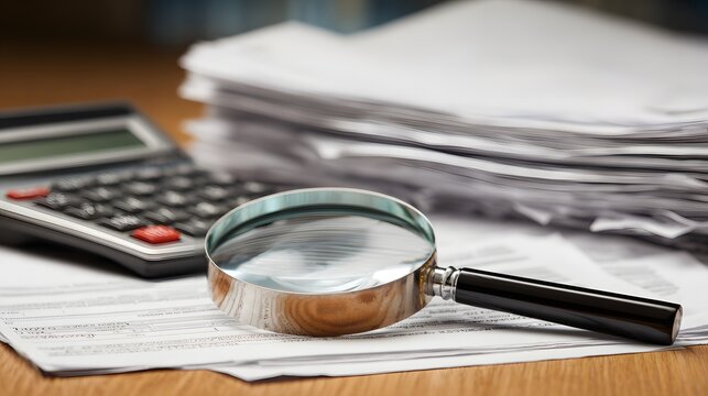 Business documents with a magnifying glass and a calculator on a desk