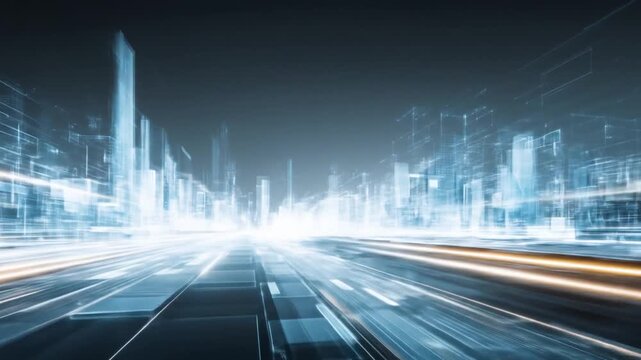 Dynamic futuristic cityscape with light trails and digital data lines, representing high-speed urban technology and connectivity.