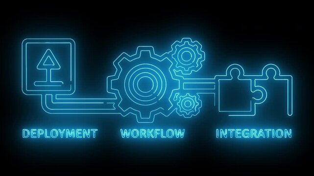 Neon-lit diagram of deployment, workflow, and integration processes with glowing blue icons and text on a dark background.