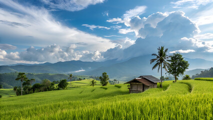 Obraz premium Panoramic Rice Fields with Mountain Landscape
