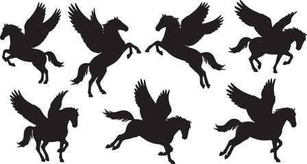 Black Solid Barrel Roll Pegasus Silhouettes Set of Six on White Background © AADIL