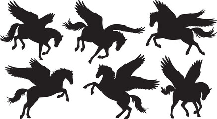 Black Solid Barrel Roll Pegasus Silhouettes Set of Six on White Background © AADIL
