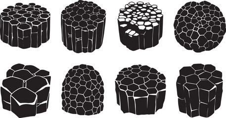 Black Solid Basalt Column Silhouettes Set of Six on White Background