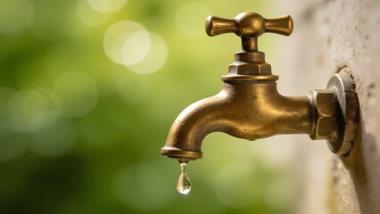 Brass faucet with dripping water