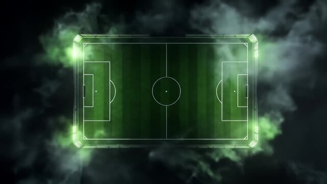 Abstract Glowing Green Football Soccer Field Outline with Smoke and Light Effect. Digital Sport Arena Concept.