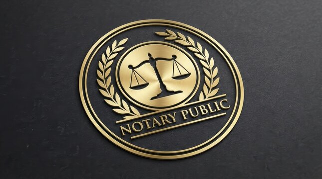 Elegant golden notary public seal featuring scales of justice and a laurel wreath emblem.