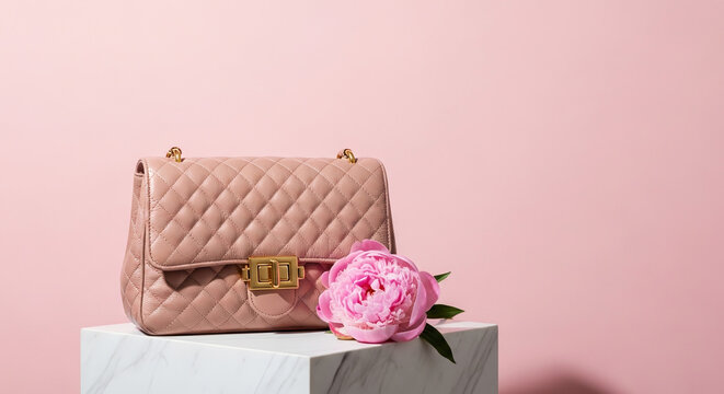 Luxury Womens Day Rose Gold Handbag on Marble with Large Copy Space
