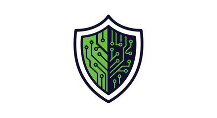 Cyber Security Shield Icon with Green and Black Circuit Board Pattern Isolated on White