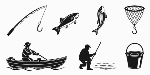 A fisherman in a boat with a fishing rod and a bucket of fish. © Meraj