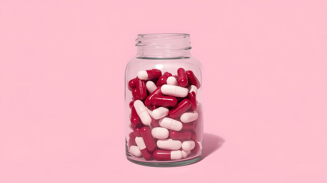 Pills in a Bottle: A close-up view presents a transparent bottle filled with an array of red and white pills, poised against a soft pastel backdrop, alluding to wellness and healthcare. 