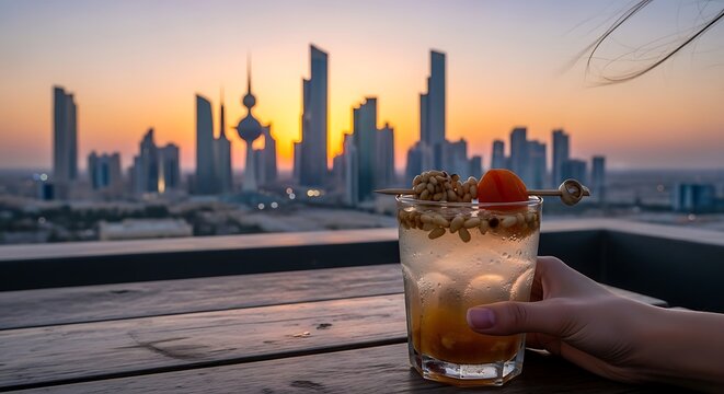 Sunset Cocktail in Kuwait City Rooftop Drink with Skyline View.