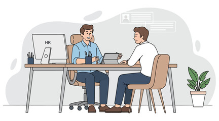 Two business professionals collaborating on a project at a desk with a computer and plant