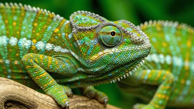 A vibrant green chameleon perched on a branch, showcasing its colorful scales and sharp claws in a lush forest environment from a close-up viewpoint.