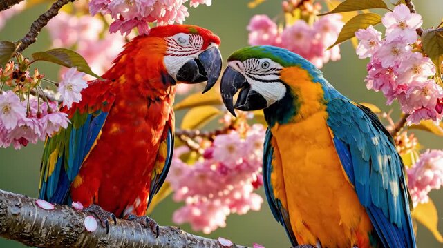Vibrant macaws perched on a branch with pink cherry blossoms