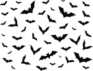 Fototapeta premium Abstract pattern of black bat silhouettes flying in group, spooky Halloween night wildlife animal vector illustration