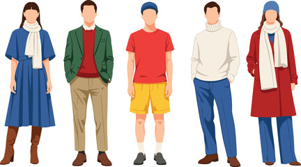 Obraz premium Diverse group in casual fall winter outfits with scarves blazers turtleneck shorts jeans colorful flat vector fashion illustration set