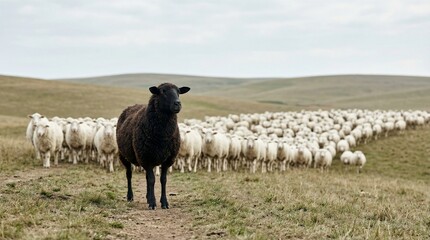 Fototapeta premium The black sheep is the leader of a flock of white sheep