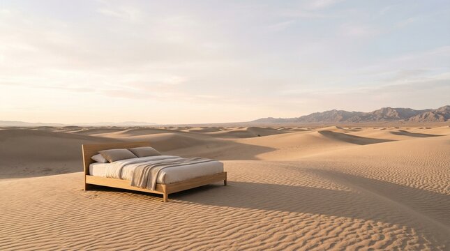 A large bed stands in the middle of a desert with sand.