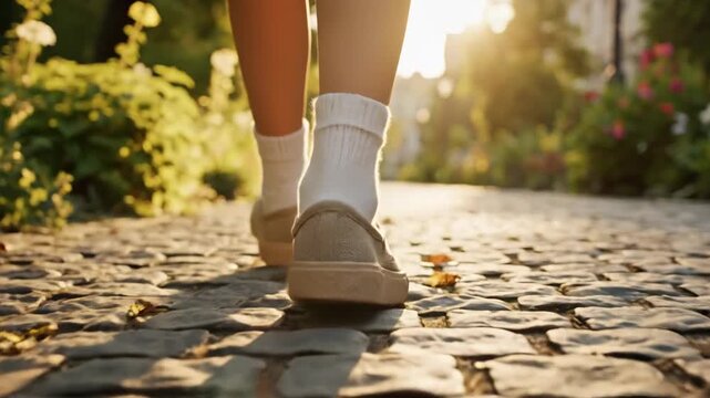 Woman Walking on Cobblestone Path in Sunlight - Lifestyle & Travel Scene