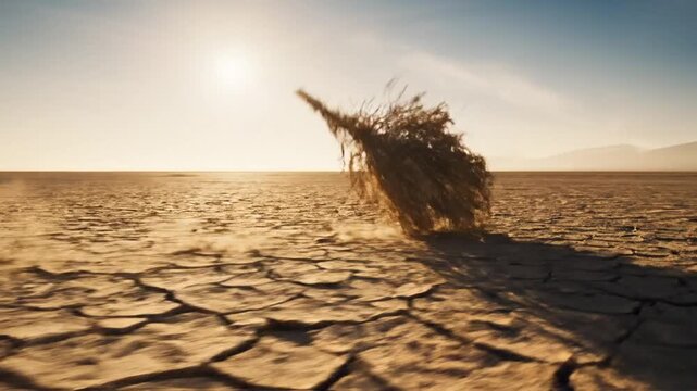 A lone tumbleweed tumbles across sunbaked cracked desert earth under a vast sky