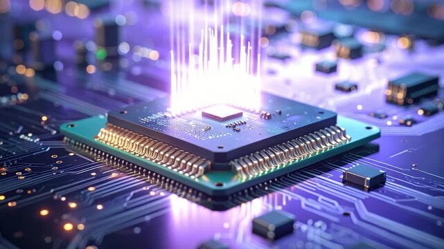 Close-up of a central processing unit, lit from within, on a circuit board