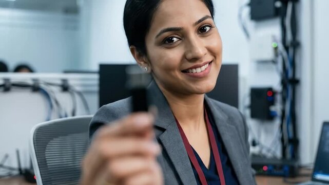 A professional business woman in a grey suit holds a USB drive confidently while seated at an office desk, showcasing a collaborative workspace filled with tech equipment